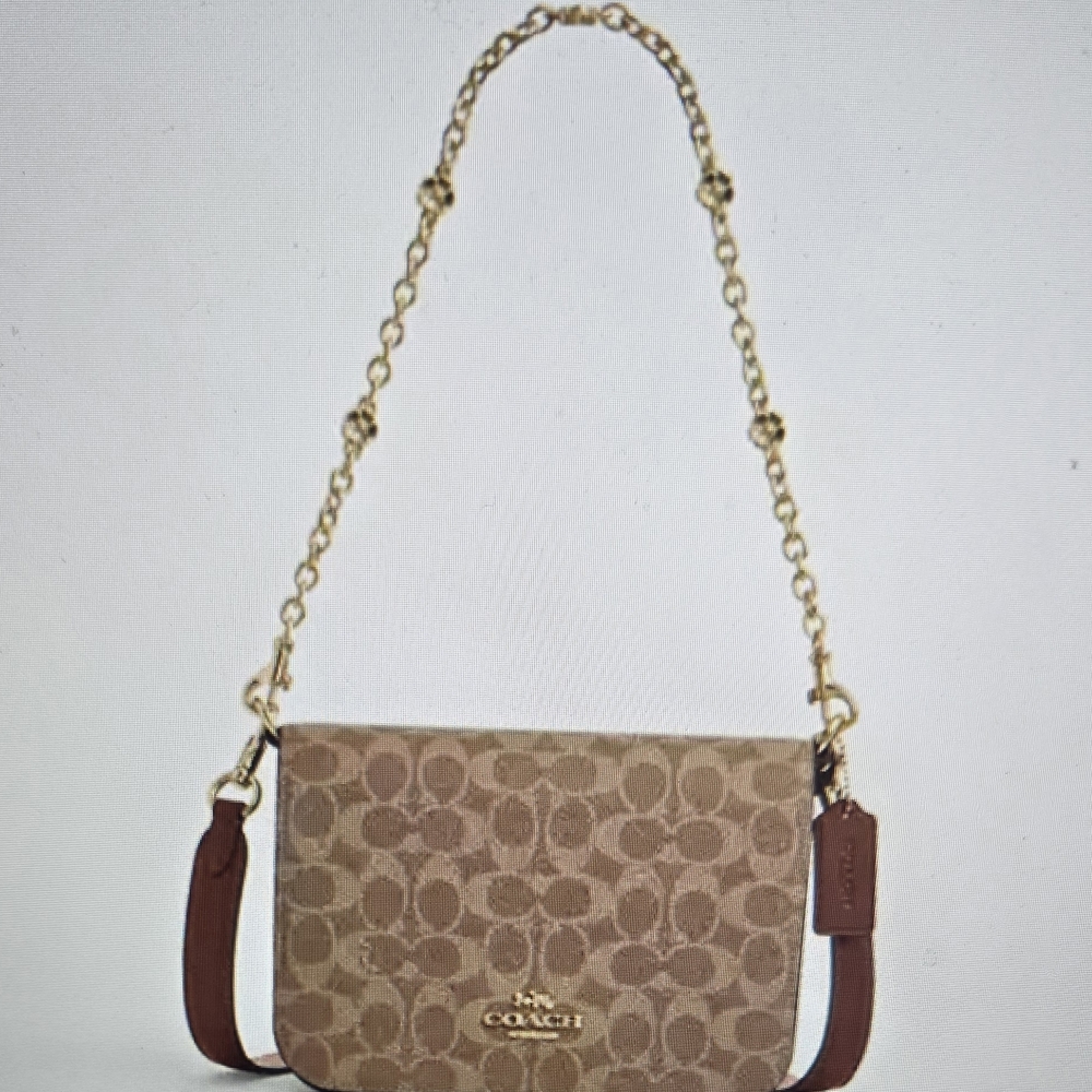 Coach Tan and Brown Crossbody Bag with Gold Chain